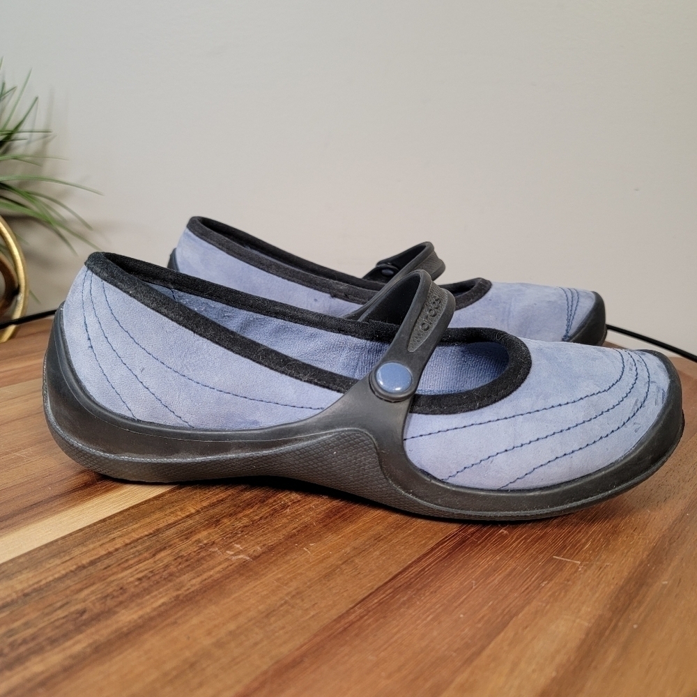CROCS Mary Janes Blue Nubuck Leather Wrapped Shoes Flats Comfy Size 6 - Picture 6 of 17